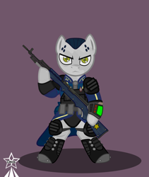 Size: 4245x5021 | Tagged: safe, artist:devorierdeos, imported from derpibooru, oc, earth pony, pony, fallout equestria, armor, belt, body armor, boots, clothes, earth pony oc, flask, gun, jumpsuit, pipbuck, pony oc, red eye army, rifle, shoes, short hair, simple background, sks, stable armor, stable pony, stable-tec, standing, vault suit, weapon, yellow eyes