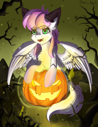 Size: 1591x2059 | Tagged: safe, alternate version, artist:yuris, imported from derpibooru, oc, oc only, oc:flutter cat, pegasus, pony, alternate character, commission, female, halloween, holiday, smiling, solo, ych result