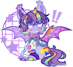 Size: 1546x1430 | Tagged: safe, artist:glittermunchie, imported from derpibooru, oc, oc only, alicorn, bat pony, bat pony alicorn, pony, base used, bat wings, clothes, colored horn, horn, rainbow horn, solo, starry eyes, wingding eyes, wings