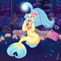 Size: 1024x1024 | Tagged: safe, artist:mappyprang22, imported from derpibooru, princess skystar, seapony (g4), my little pony: the movie, blue eyes, blue mane, blushing, bubble, clothes, coral, digital art, dorsal fin, female, fin wings, fins, fish tail, flower, flower in hair, flowing mane, flowing tail, freckles, glowing, jewelry, looking up, necklace, ocean, open mouth, open smile, pearl necklace, red wings, seaquestria, seashell, seaweed, signature, smiling, solo, tail, teeth, underwater, water, wings