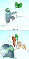 Size: 1000x2000 | Tagged: safe, artist:rocket-lawnchair, imported from derpibooru, oc, oc:anon, oc:bright earth, oc:snow glide, human, pony, clothes, comic, flag, flag pole, hanging, silly, silly pony, snow, snowpony (species), taiga pony, tongue out, tongue stuck to pole, winter outfit, yakutian horse