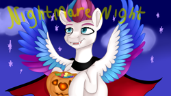 Size: 1920x1080 | Tagged: safe, artist:jbond, imported from derpibooru, zipp storm, pegasus, pony, vampire, spoiler:my little pony: a new generation, candies, cape, clothes, costume, fangs, female, g5, halloween, halloween costume, holiday, mare, my little pony: a new generation, nightmare night, postcard, pumpkin, solo, text