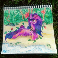 Size: 1080x1080 | Tagged: safe, artist:annvakki, imported from derpibooru, oc, oc only, earth pony, pony, beach, female, lying down, mare, prone, solo, traditional art