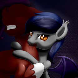 Size: 1250x1250 | Tagged: safe, artist:renatethepony, imported from derpibooru, oc, oc only, oc:echo, bat pony, pony, bat pony oc, blood, duo, eyelashes, female, gritted teeth, male, mare, neck biting, stallion, unshorn fetlocks