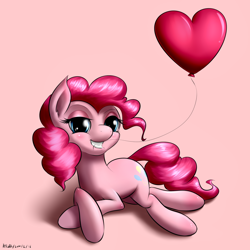 Size: 2000x2000 | Tagged: safe, artist:renatethepony, imported from derpibooru, pinkie pie, earth pony, pony, balloon, bedroom eyes, female, grin, heart, heart balloon, high res, mare, mouth hold, pink background, simple background, smiling, solo