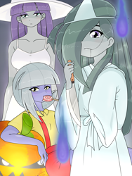 Size: 1668x2224 | Tagged: safe, artist:batipin, imported from derpibooru, limestone pie, marble pie, maud pie, ghost, original species, undead, youkai, equestria girls, breasts, busty maud pie, clothes, costume, eight feet tall (yokai), female, halloween, halloween costume, holiday, trio