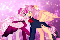 Size: 5092x3450 | Tagged: safe, artist:2pandita, imported from derpibooru, oc, oc:pandita, oc:tender mist, pony, absurd resolution, clothes, dress, female, kissing, lesbian, mare, oc x oc, shipping, suit