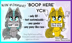 Size: 4096x2464 | Tagged: safe, artist:julunis14, imported from derpibooru, oc, oc only, oc:ayza, alicorn, pony, unicorn, advertisement, boop, commission, paper, text, your character here