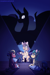 Size: 1333x2000 | Tagged: safe, artist:inuhoshi-to-darkpen, imported from derpibooru, fluttershy, hitch trailblazer, nightmare moon, rainbow dash, rarity, sprout cloverleaf, sunny starscout, earth pony, pony, unicorn, colt, colt hitch trailblazer, colt sprout cloverleaf, fake alicorn, fake horn, fake wings, female, figurine, filly, filly sunny starscout, flashlight (object), g5, male, mare, my little pony: a new generation, scary story, stallion, toy, trio