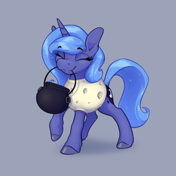 Size: 1900x1900 | Tagged: safe, artist:aquaticvibes, imported from derpibooru, princess luna, alicorn, pony, cauldron, clothes, costume, cute, eyes closed, female, filly, gray background, halloween, halloween costume, holiday, lunabetes, mare in the moon, moon, mouth hold, s1 luna, simple background, solo, woona, younger