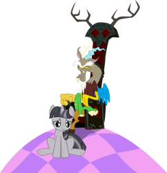 Size: 3572x3686 | Tagged: safe, artist:bubblestormx, artist:tourniquetmuffin, artist:wardex101, edit, imported from derpibooru, vector edit, discord, twilight sparkle, draconequus, pony, unicorn, the return of harmony, bad end, chaos, crossed legs, crying, discord's throne, discorded, discorded landscape, discorded twilight, duo, evil grin, female, frown, grin, high res, male, mare, sad, simple background, sitting, smiling, throne, transparent background, twilight tragedy, unicorn twilight, vector, youtube link