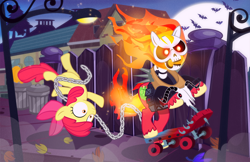 Size: 1400x906 | Tagged: safe, artist:pixelkitties, imported from derpibooru, apple bloom, big macintosh, bat, earth pony, pony, skeleton pony, bone, chains, fire, full moon, ghost rider, halloween, holiday, macintosh apple: the ghost rider, moon, scooter, skeleton, unshorn fetlocks