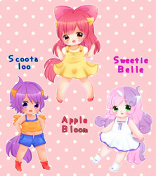 Size: 844x950 | Tagged: safe, artist:しんぺー, imported from derpibooru, apple bloom, scootaloo, sweetie belle, human, chibi, cutie mark crusaders, eared humanization, horn, horned humanization, humanized, tail, tailed humanization, winged humanization, wings