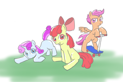 Size: 1200x800 | Tagged: safe, artist:国産ウォンバット, imported from derpibooru, apple bloom, scootaloo, sweetie belle, earth pony, pegasus, pony, unicorn, apple bloom's bow, bipedal, bow, cutie mark crusaders, female, filly, hair bow, looking at you, scooter, trio, trio female