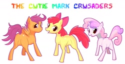 Size: 1816x937 | Tagged: safe, artist:manmaru00, imported from derpibooru, apple bloom, scootaloo, sweetie belle, earth pony, pegasus, pony, unicorn, butt, cutie mark crusaders, featureless crotch, female, filly, plot