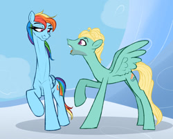 Size: 1280x1027 | Tagged: safe, artist:astr0zone, imported from derpibooru, rainbow dash, zephyr breeze, pegasus, pony, bedroom eyes, cloud, female, height difference, impossibly long neck, jaw drop, long neck, looking at each other, male, mare, necc, on a cloud, open mouth, raised hoof, shipping, shocked, smiling, smirk, smug, spread wings, stallion, straight, stretchy, tall, wingboner, wings, zephdash