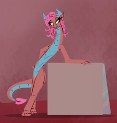 Size: 1215x1280 | Tagged: safe, artist:astr0zone, imported from derpibooru, mina, dragon, dragoness, female, lanky, leaning, long neck, necc, open mouth, open smile, shelf, smiling, smug, solo, stretchy, tall, thin