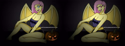 Size: 5988x2216 | Tagged: safe, artist:sandypeacebringer, imported from derpibooru, fluttershy, bat pony, equestria girls, barefoot, bat ponified, bat wings, breasts, cleavage, clothes, fangs, feet, female, flutterbat, halloween, holiday, jack-o-lantern, one eye closed, open mouth, open smile, pointed ears, pumpkin, race swap, red eyes, smiling, solo, wings, wink