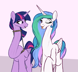 Size: 1143x1059 | Tagged: safe, artist:astr0zone, imported from derpibooru, princess celestia, twilight sparkle, alicorn, pony, duo, duo female, female, impossibly long neck, long neck, looking at each other, mare, necc, neck brace, neck stretching, one eye closed, open mouth, open smile, pink background, princess necklestia, raised hoof, saggy, simple background, smiling, stretchy, tall, twilight sparkle (alicorn), twisted neck, walking