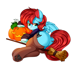 Size: 2000x2000 | Tagged: safe, artist:thieftea, imported from derpibooru, oc, oc only, pegasus, pony, clothes, commission, female, high res, paw pads, paw prints, pegasus oc, pony oc, pumpkin, solo, stockings, thigh highs, ych result