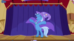 Size: 1280x720 | Tagged: safe, imported from derpibooru, screencap, trixie, pony, unicorn, boast busters, season 1, cape, clothes, eyes closed, female, hat, open mouth, solo, t pose, trixie's cape, trixie's hat