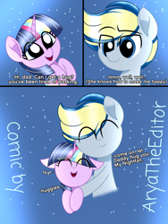 Size: 1500x2000 | Tagged: safe, artist:aryatheeditor, imported from derpibooru, oc, oc:nightfall sparkle, oc:velodash, pegasus, unicorn, ^^, adorable face, comic, cute, excited, eyes closed, father and child, father and daughter, female, happy, hug, male, parent:oc:velodash, smiling