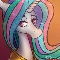 Size: 900x900 | Tagged: safe, artist:shlobba, imported from derpibooru, princess celestia, alicorn, pony, bust, female, gradient background, lidded eyes, mare, peytral, portrait, solo