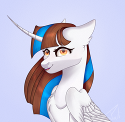 Size: 1281x1248 | Tagged: safe, artist:pokaparida, imported from derpibooru, oc, oc only, oc:star wolf, alicorn, pony, blue background, bust, female, mare, portrait, simple background, solo