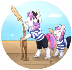 Size: 2173x2112 | Tagged: safe, artist:foxhatart, imported from derpibooru, oc, oc only, oc:penelope, oc:peridrop, pony, unicorn, clothes, duo, female, filly, high res, mare, mouth hold, not sweetie belle, partial background, sailor uniform, uniform, wooden sword