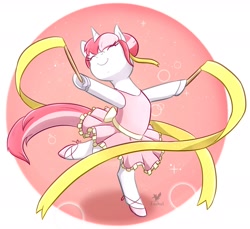 Size: 1984x1820 | Tagged: safe, artist:foxhatart, imported from derpibooru, oc, oc only, oc:rose, pony, unicorn, ballerina, ballet, ballet slippers, bipedal, clothes, cute, dancing, eyes closed, female, hair bun, mare, ocbetes, partial background, ribbon, smiling, solo, standing on one leg, tutu, tutu cute