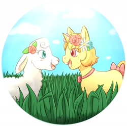 Size: 2024x2000 | Tagged: safe, artist:foxhatart, imported from derpibooru, oc, oc only, oc:dandelion, pony, sheep, unicorn, bow, colt, duo, floral head wreath, flower, high res, male, open mouth, partial background, tail, tail bow