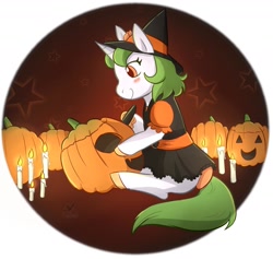 Size: 1287x1218 | Tagged: safe, artist:foxhatart, imported from derpibooru, oc, oc only, oc:lime, pony, unicorn, bow, candle, female, halloween, holiday, jack-o-lantern, mare, partial background, pumpkin, solo, tail, tail bow