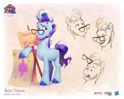 Size: 1080x860 | Tagged: safe, artist:celia kaspar, imported from derpibooru, earth pony, pony, argyle starshine, argylebetes, bust, concept art, cute, expressions, eyes closed, g5, glasses, male, messy mane, my little pony: a new generation, open mouth, portrait, sign, sketch, smiling, stallion, stray strand, twilight sparkle's cutie mark