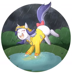 Size: 1508x1544 | Tagged: safe, artist:foxhatart, imported from derpibooru, oc, oc only, oc:violet, pony, unicorn, bow, female, happy, hat, mare, open mouth, partial background, playing, puddle, rain, raincoat, solo, tail, tail bow