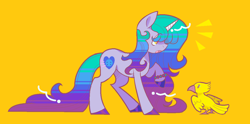 Size: 1232x609 | Tagged: safe, artist:sparklewiziz45, imported from derpibooru, izzy moonbow, bird, pony, unicorn, female, g5, my little pony: a new generation, raised hoof, simple background, yellow background