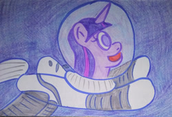 Size: 1280x877 | Tagged: safe, artist:dex stewart, imported from derpibooru, twilight sparkle, pony, unicorn, astronaut, solo, space, spacesuit, traditional art, unicorn twilight