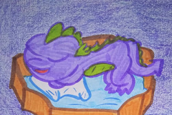 Size: 1280x857 | Tagged: safe, artist:dex stewart, imported from derpibooru, spike, dragon, bed, sleeping, solo, traditional art