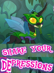 Size: 664x905 | Tagged: safe, editor:horsesplease, imported from derpibooru, queen chrysalis, changeling, changeling queen, caption, depression, expand dong, exploitable meme, female, image macro, meme, pun, sad