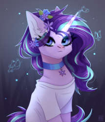 Size: 3168x3686 | Tagged: safe, artist:elektra-gertly, imported from derpibooru, starlight glimmer, pony, unicorn, clothes, cute, eye clipping through hair, female, flower, flower in hair, glimmerbetes, glowing, glowing horn, high res, horn, jewelry, necklace, solo