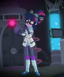 Size: 598x720 | Tagged: safe, artist:annon, edit, edited screencap, imported from derpibooru, screencap, sci-twi, twilight sparkle, equestria girls, clothes, confused, cropped, door, door handle, doors, eyelashes, female, finger, fingers, glasses, gloves, goggles, hair bun, lab coat, laboratory, messy hair, multicolored hair, pencil, purple eyes, purple skin, shoes, show style adventure, solo, striped hair, twilight's lab