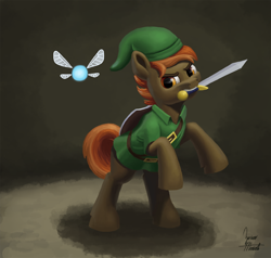 Size: 1150x1095 | Tagged: safe, artist:zevironmoniroth, imported from derpibooru, button mash, earth pony, fairy, pony, clothes, cosplay, costume, crossover, link, mouth hold, navi, newbie artist training grounds, nintendo, rearing, shield, signature, sword, the legend of zelda, video game crossover, weapon