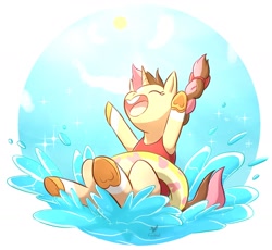 Size: 1416x1302 | Tagged: safe, artist:foxhatart, imported from derpibooru, oc, oc only, oc:neopolitan, pony, unicorn, female, inner tube, mare, open mouth, partial background, playing, solo, splashing