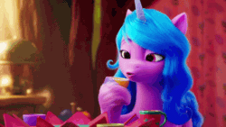 Size: 498x280 | Tagged: safe, imported from derpibooru, screencap, izzy moonbow, pony, unicorn, spoiler:my little pony: a new generation, animated, cup, g5, gif, my little pony: a new generation, teacup, worried