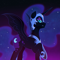 Size: 1995x2000 | Tagged: safe, artist:ravenirik, imported from derpibooru, nightmare moon, alicorn, pony, female, gradient background, mare, raised hoof, solo