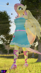 Size: 2160x3840 | Tagged: safe, artist:shadowboltsfm, imported from derpibooru, fluttershy, anthro, butterfly, pegasus, plantigrade anthro, 3d, 4k, blender, breasts, busty fluttershy, cleavage, clothes, crepuscular rays, cute, daaaaaaaaaaaw, dress, equestria girls outfit, feet, female, fluttershy boho dress, high res, lace sandals, nail polish, not sfm, sandals, shyabetes, smiling, solo, toenail polish, toes, winged anthro, wings