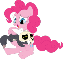 Size: 3581x3377 | Tagged: safe, artist:porygon2z, imported from derpibooru, pinkie pie, earth pony, pony, broken horn, comforting, crossover, cute, daaaaaaaaaaaw, high res, horn, king clawthorne, open mouth, open smile, scared, show accurate, simple background, skull, smiling, the owl house, titan, transparent background