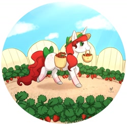 Size: 1515x1491 | Tagged: safe, artist:foxhatart, imported from derpibooru, oc, oc only, oc:strawberry jam, pony, unicorn, basket, bow, female, food, hat, mare, mouth hold, solo, strawberry, tail, tail bow