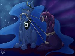 Size: 4000x3000 | Tagged: safe, artist:stirren, imported from derpibooru, princess luna, oc, alicorn, pony, unicorn, blushing, bondage, commission, couple, female, floppy ears, grin, high res, horn, mare, mouth hold, rope, rope bondage, shipping, sitting, smiling, wings, your character here