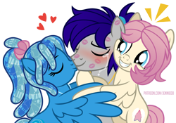 Size: 1100x770 | Tagged: safe, artist:jennieoo, imported from derpibooru, oc, oc only, oc:gentle star, oc:maverick, oc:ocean soul, earth pony, pegasus, pony, cheek kiss, comforting, crying, cute, embrace, female, happy, hug, kiss mark, kissing, lipstick, love, male, ocbetes, show accurate, simple background, smiling, solo, soulverick, stallion, tears of joy, teary eyes, transparent background, vector