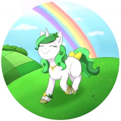 Size: 1470x1479 | Tagged: safe, artist:foxhatart, imported from derpibooru, oc, oc only, oc:clover, pony, unicorn, bow, eyes closed, female, mare, partial background, rainbow, smiling, solo, tail, tail bow